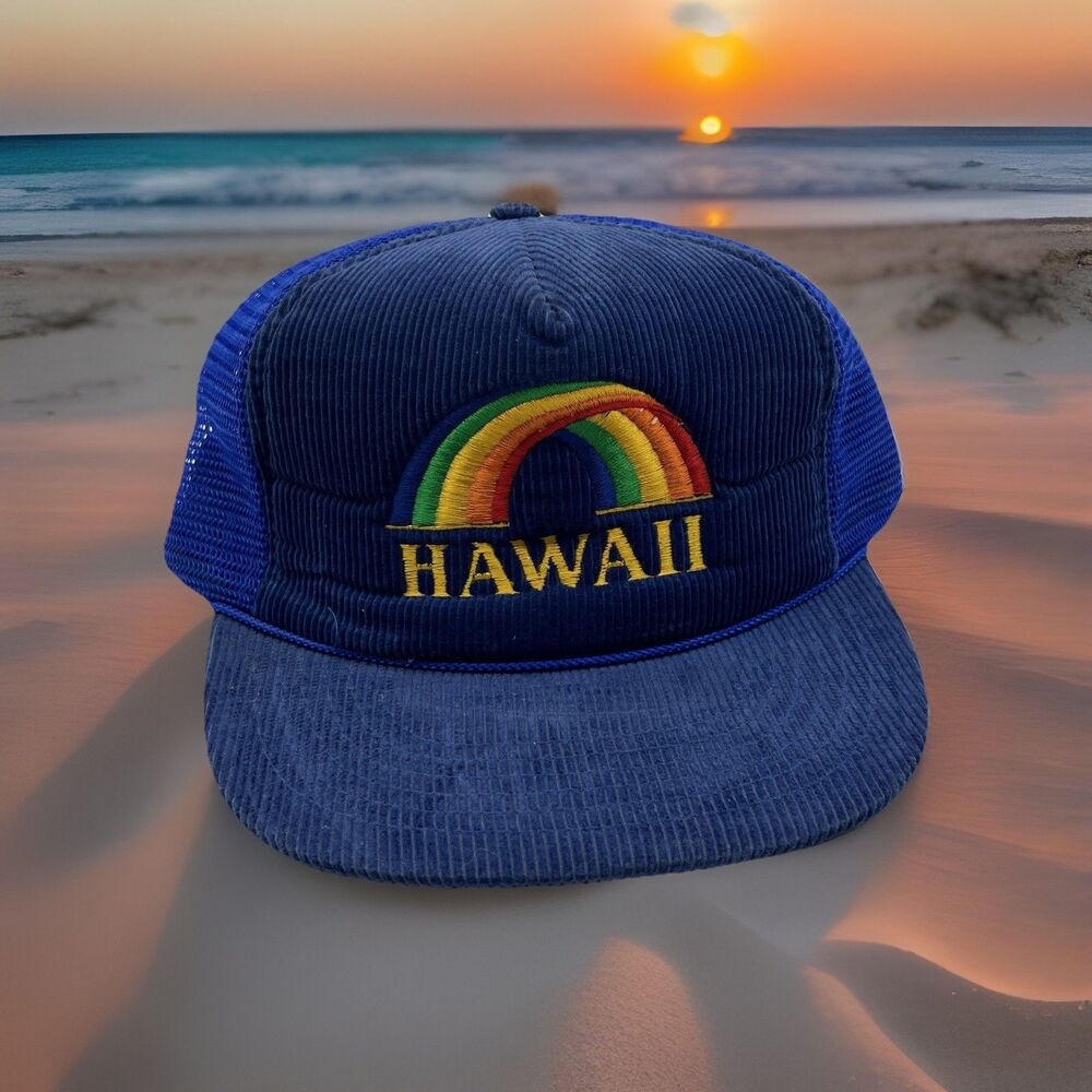 Vintage Hawaii Rainbow Corduroy Mesh Trucker Snapback Hat Blue Hawaiian Headwear